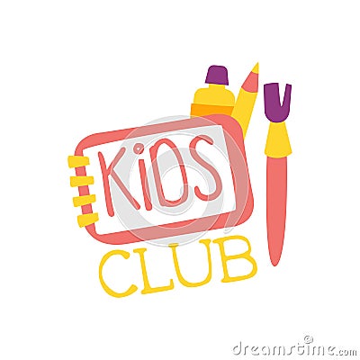 Kids Land Playground And Entertainment Club Colorful Promo Sign With Art Tools For The Playing Space For Children Vector Illustration