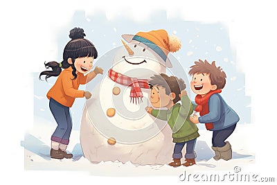 kids laughing while building oversized snowman Stock Photo