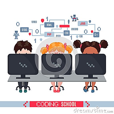 Kids learn coding on laptops in school Vector Illustration