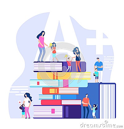 Kids learning concept. Excellent pupils, praising parents and teachers with huge books. Children school education vector Vector Illustration