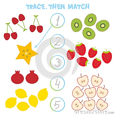Kids learning number material 1 to 5. Trace. Then match. Cartoon Illustration of Education Counting Game for Preschool Children, c Vector Illustration