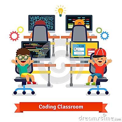 Kids learning to code and program in science class Vector Illustration