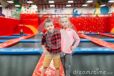 Kids leisure, children on inflatable attractions Stock Photo