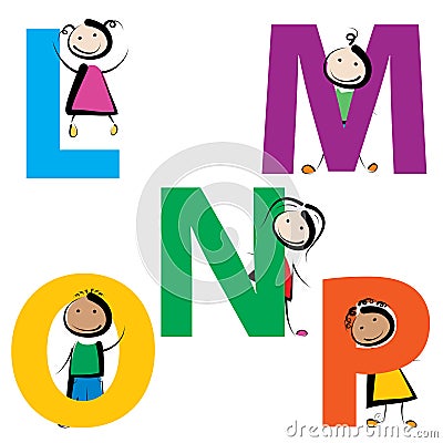 Kids with letters l-p Vector Illustration