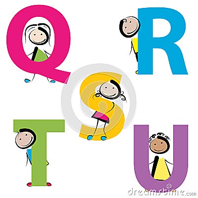 Kids with letters q-u Vector Illustration