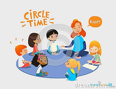 Kids listen and talk to friendly preschool teacher during educational activity in kindergarten. Learning through play Vector Illustration