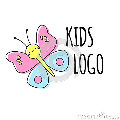 Kids logo template. Cute butterfly. Sign, label for children design Vector Illustration