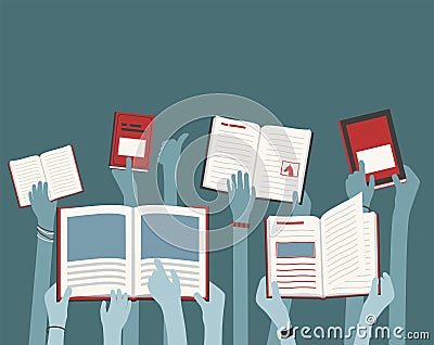 Kids Long Hands Holding and Reading Library Books blue and red abstract concept ideal for flyers Vector Illustration