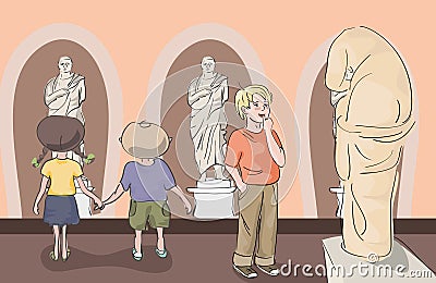 Kids looking at antique statues at museum Vector Illustration