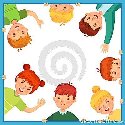 Kids looking out from square frame. Children peeking out of window waving, showing thumb up and hiding Vector Illustration