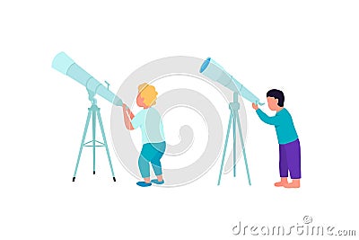 Kids looking into telescope flat color vector faceless character set Vector Illustration