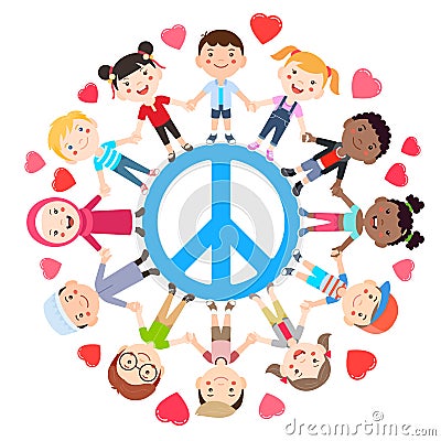 Kids love peace conceptual. Groups of children join hands all around the peace symbol. Vector Vector Illustration