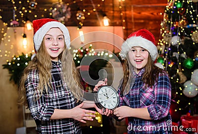 Kids lovely friends meet Christmas holiday. Festive atmosphere christmas day. New year countdown. Counting time. Magic Stock Photo