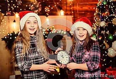 Kids lovely friends meet Christmas holiday. Festive atmosphere christmas day. New year countdown. Counting time. Magic Stock Photo