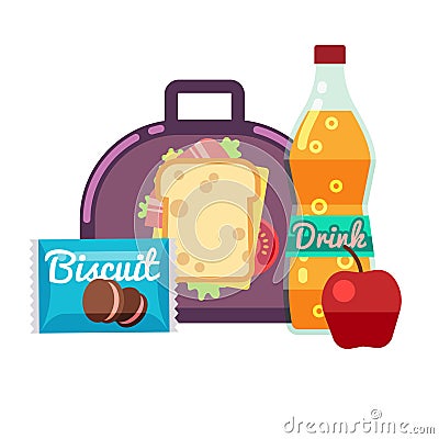 Kids lunch box, bag with snacks, meal and beverages vector stock Vector Illustration