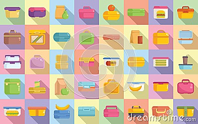 Kids lunch box icons set flat vector. Snack kid Vector Illustration
