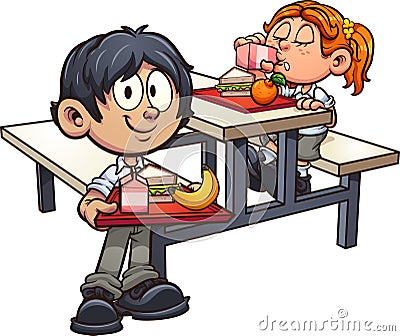 School boy and girl in uniform having lunch Vector Illustration