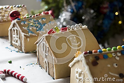 Kids made gingerbread houses in christmas season Stock Photo