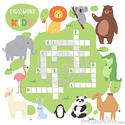 Kids magazine book puzzle game of forest animals logical crossword words worksheet colorful printable vector Vector Illustration