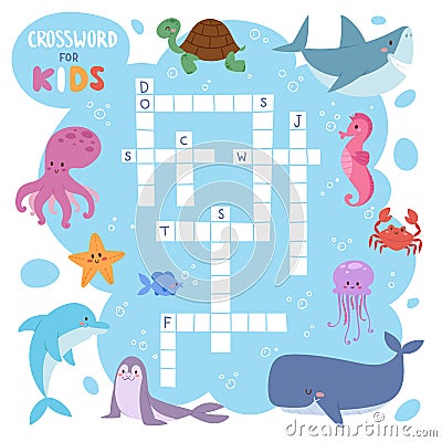 Kids magazine book puzzle game of sea underwater ocean fish and animals logical crossword worksheet colorful printable Vector Illustration