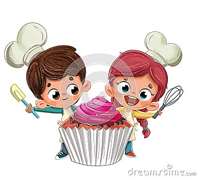 Kids making a happy cupcake Stock Photo