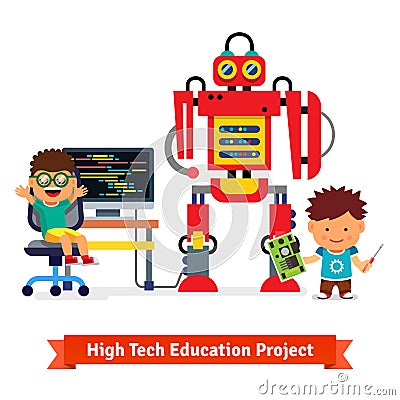 Kids are making and programming huge robot Vector Illustration