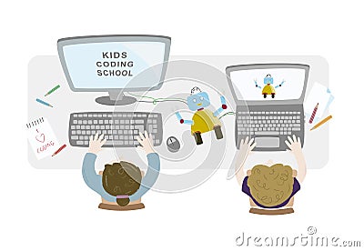 Kids making and programming a robot. Topview workspace vector illustration. Vector Illustration