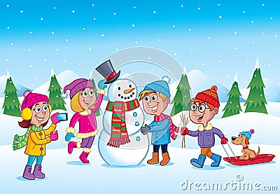 Kids Making A Snowman During Wintertime Stock Photo