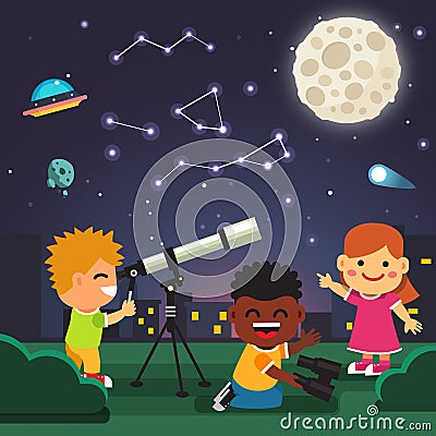 Kids making telescope astronomical observations Cartoon Illustration