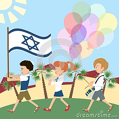 Kids marching with israel flag Vector Illustration