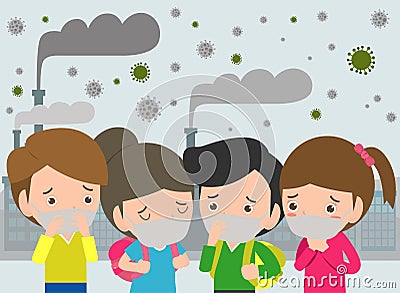 Kids in masks because of fine dust PM 2.5, boy and girl wearing mask against smog. Fine dust, air pollution Vector Illustration