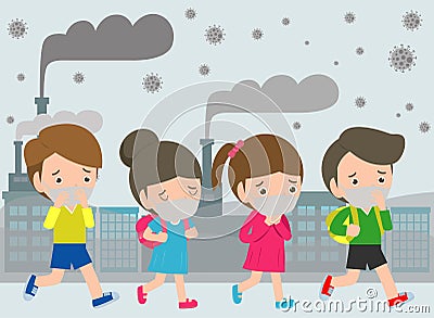 Kids in masks because of fine dust PM 2.5, boy and girl wearing mask against smog. Fine dust, air pollution Vector Illustration