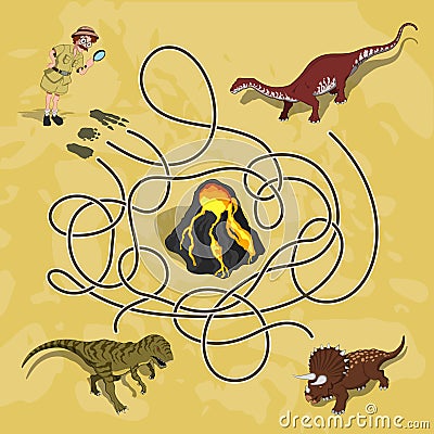 Kids maze. Labyrinth of dino way. Help the researcher find traces of dinosaurs Vector Illustration