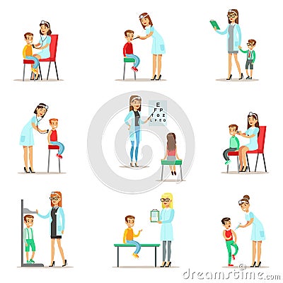 Kids On Medical Check-Up With Female Pediatrician Doctors Doing Physical Examination For The Pre-School Health Vector Illustration