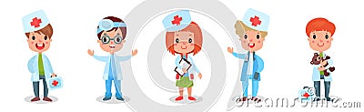 Kids in Medical Uniform Playing Doctors and Nurses with Toys Vector Set Vector Illustration