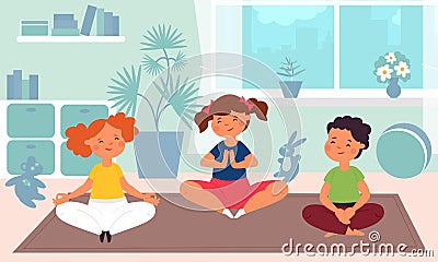 Kids meditation. Children yoga, kindergarten sport class. Fun child training, cartoon healthy meditating group decent Vector Illustration