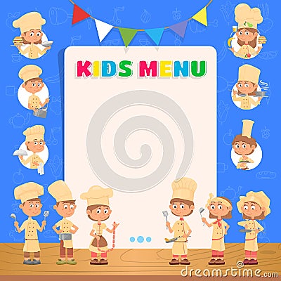 Kids menu background. Children chefs, kid cooking blank poster. Lunch or dinner, kitchen team. Cartoon little child with Vector Illustration