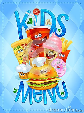 Kids menu card design with drink, ice cream, pizza, hot dog, french fries, hamburger, muffin and donut symbols Vector Illustration