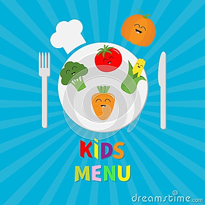 Kids Menu card. Fork, plate, knife and chefs hat icon. Carrot, broccoli, tomato, pumpkin, corn vegetable face. Cute cartoon charac Vector Illustration