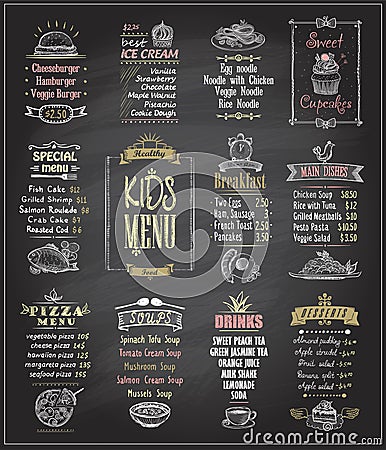 Kids menu chalkboard designs set. Vector Illustration