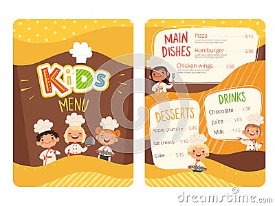 Kids menu. Childrens cooking food little chef restaurant eating menu for little happy peoples vector cartoon template Vector Illustration