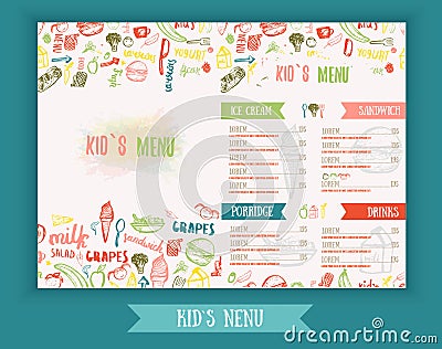 Kids menu Cute colorful hand drawn vector template. Kids menu design for party, cafe. Creative kids menu banner. Vector Illustration