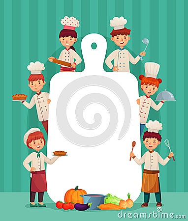 Kids menu frame. Children chefs cook with cutting board, restaurant chef and chopping food cartoon vector illustration Vector Illustration