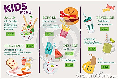 Kids Menu for Restaurant. Menu for children in cute design Vector Illustration