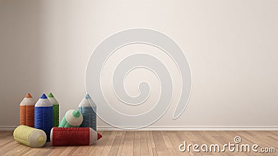 Kids minimalist white background with stuffed colored pencils on Stock Photo