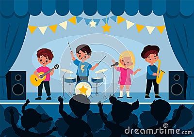 Kids music band. Children stage performance, girls and boys play musical instrument and sing on scene, musicians with Vector Illustration