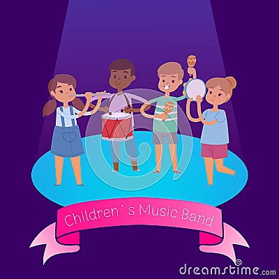 Kids music band playing and rocking at spot light lit stage festival, vector cartoon illustration. Glowing young stars Vector Illustration