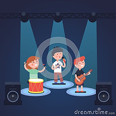 Kids music band playing at stage festival Vector Illustration