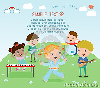 Kids and music, vector illustration of four girl in a music band, Children playing Musical Instruments,illustration of Kids Vector Illustration