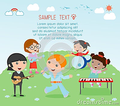 Kids and music, vector illustration of four girl in a music band, Children playing Musical Instruments,illustration of Kids Vector Illustration